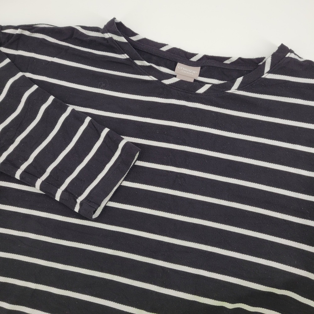 Chicos Zenergy Nautical Striped Tunic Top Black White 3/4 Sleeve Size 2 Large